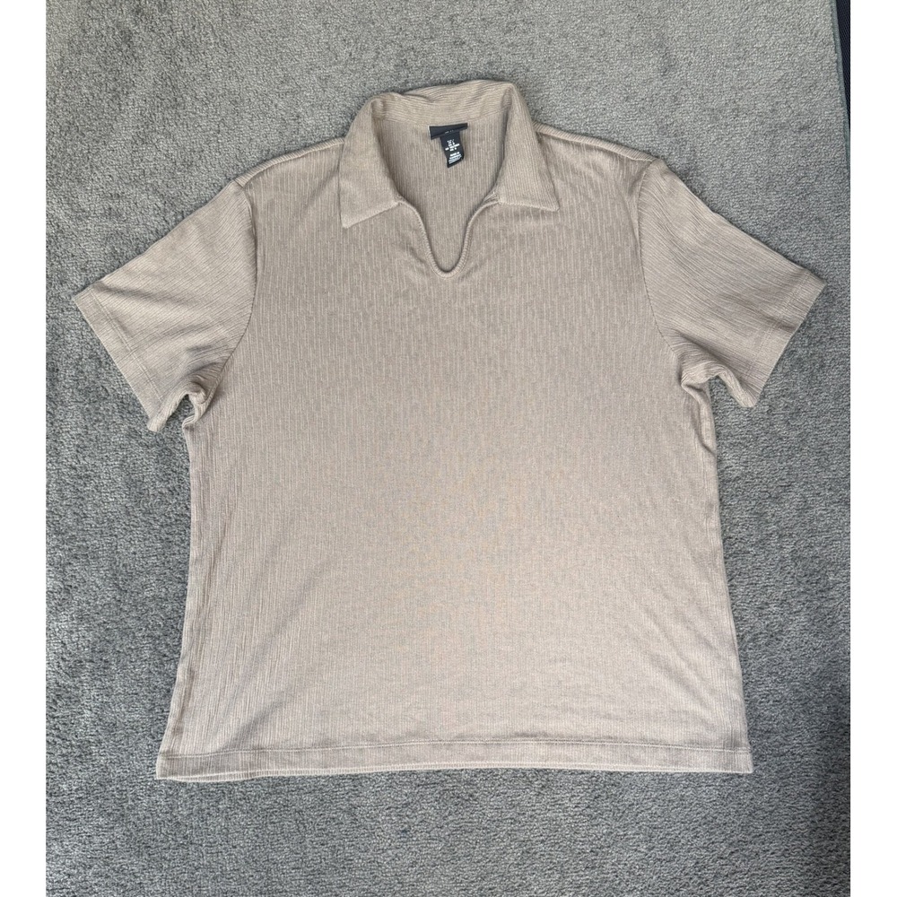 HM Mens Regular Fit Textured Ribbed Johnny Collar Polo Shirt Taupe Brown L